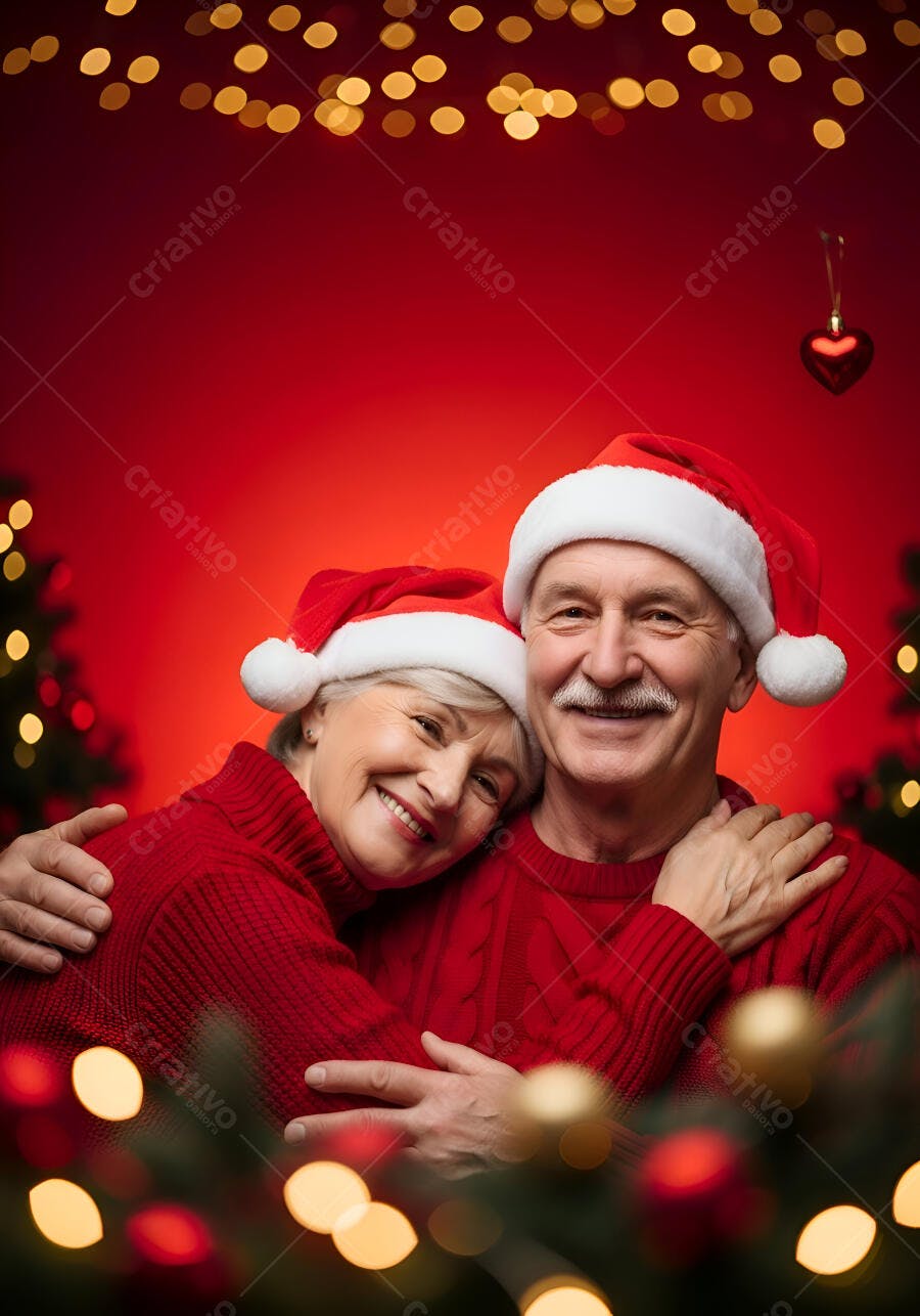 Casal idoso caucasiano feliz com gorros de Papai Noel em celebração de Natal