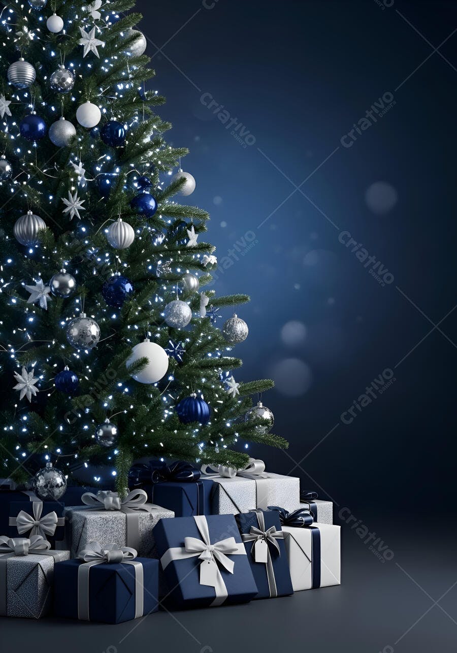 Árvore de Natal elegante com luzes e presentes azuis e prateados