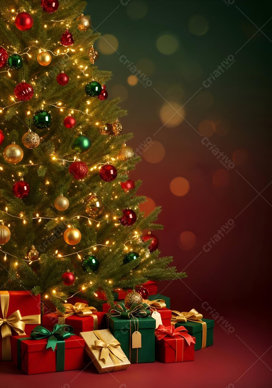Árvore de Natal decorada com luzes brilhantes e presentes coloridos no chão festivo