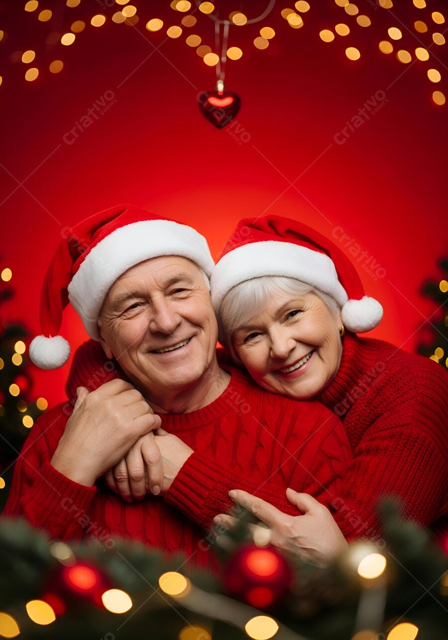 Casal idoso sorrindo em gorros de Natal vermelhos abraçados em ambiente festivo