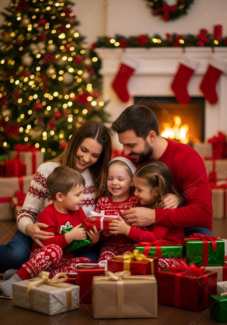 Família caucasiana feliz abrindo presentes de Natal na sala de estar aconchegante