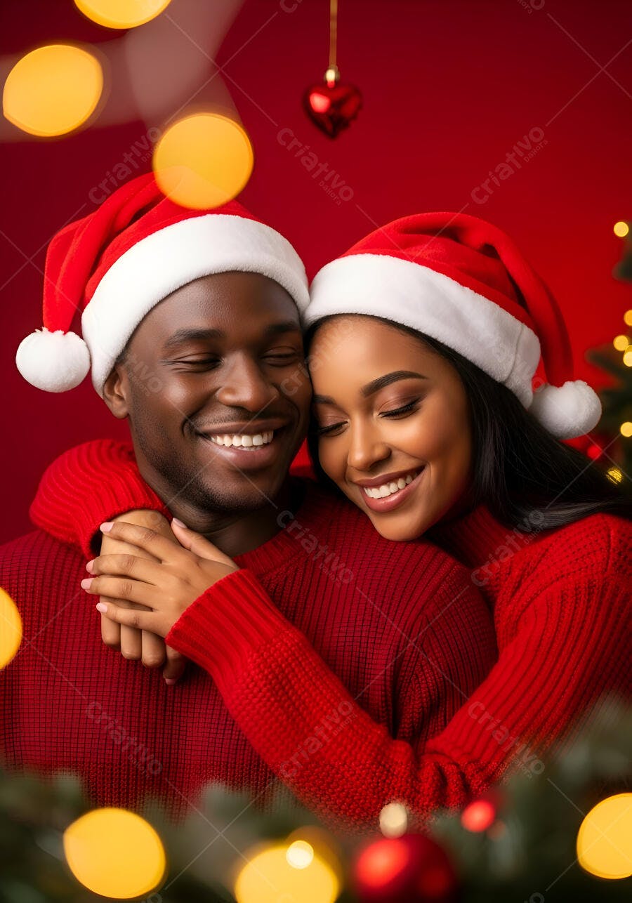 Casal negro feliz abraçado com gorros de Papai Noel em clima de Natal