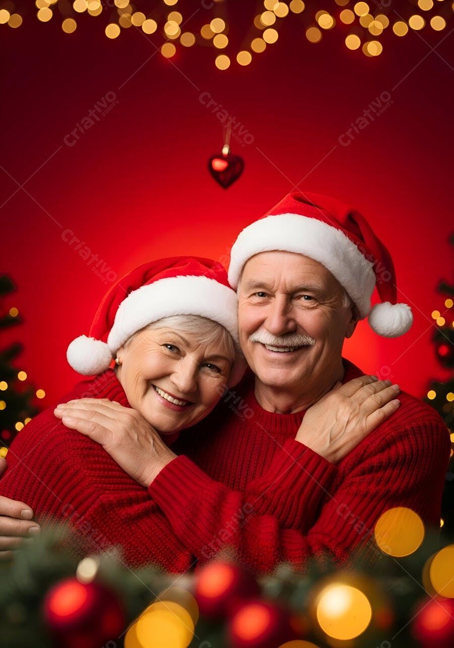 Casal idoso feliz branco abraçado com gorros de Papai Noel em fundo vermelho de Natal