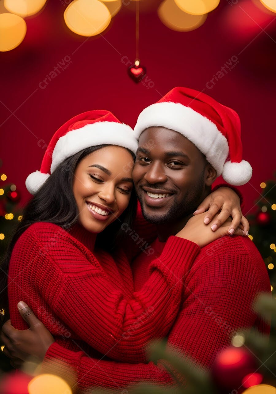 Casal negro feliz com gorros de Natal vermelhos abraçados festivo