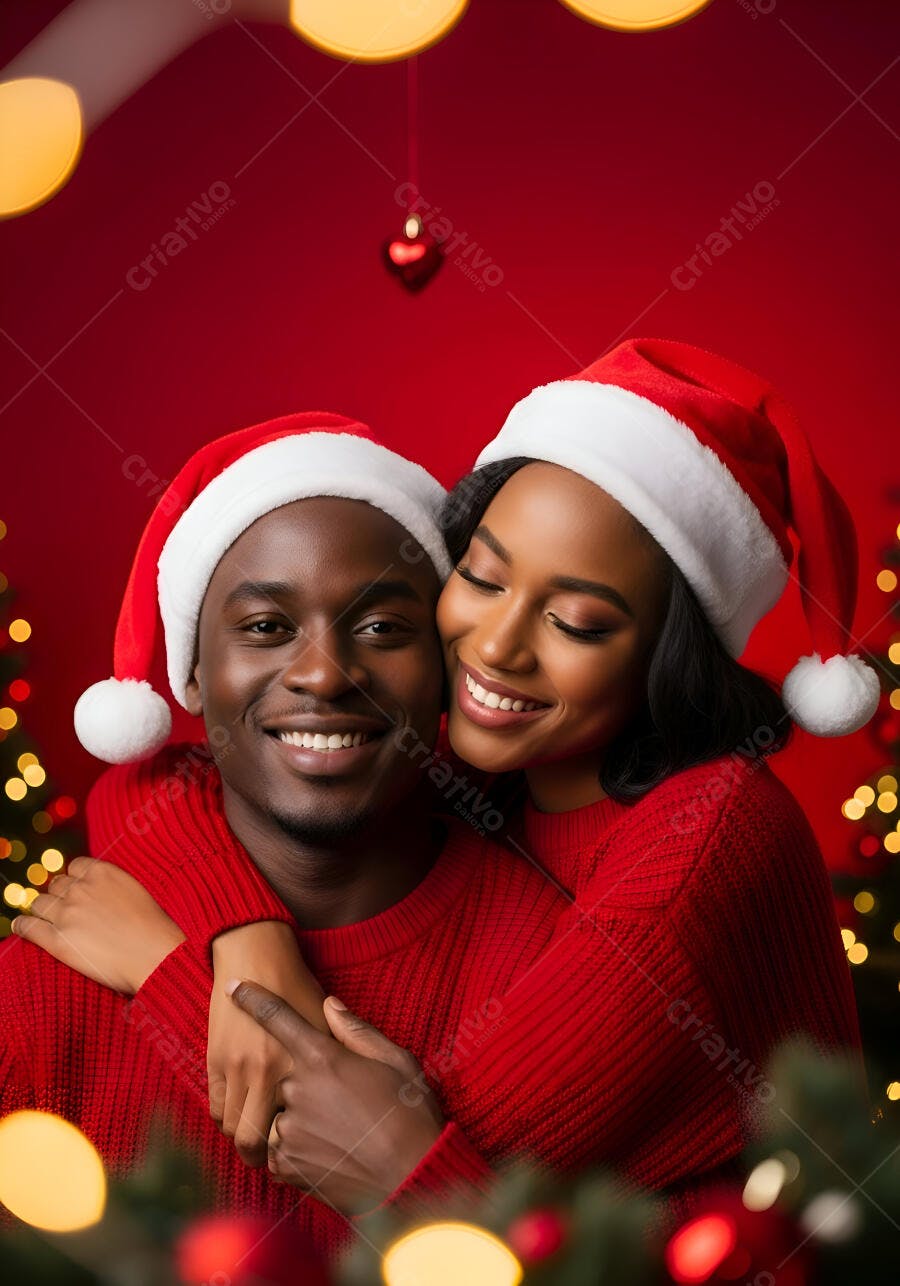 Casal negro feliz de gorros de Natal suéteres vermelhos abraçados festivamente
