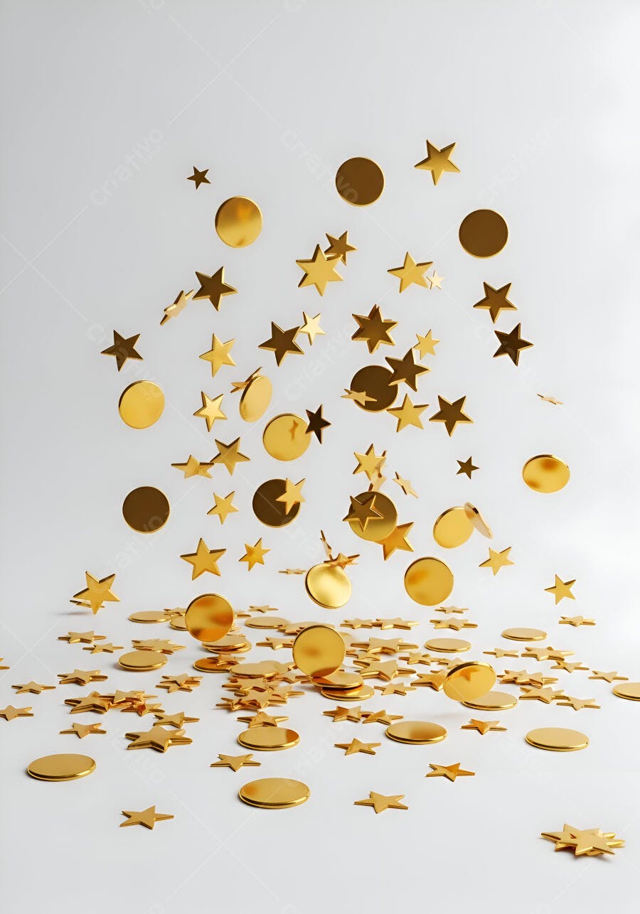 Confetes dourados estrelas e círculos caindo sobre fundo branco brilhante