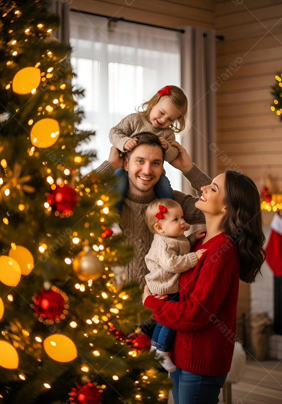 Família caucasiana feliz celebrando Natal com crianças e árvore iluminada