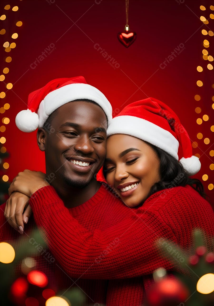 Casal afro-brasileiro feliz com gorros de Natal vermelhos e luzes festivas