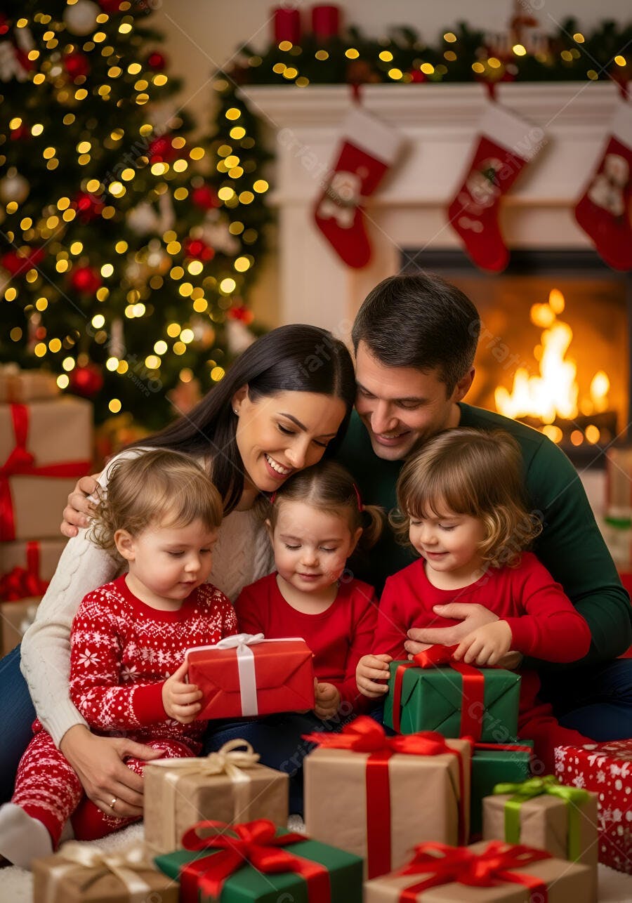 Família feliz caucasiana com dois filhos abrindo presentes de Natal na sala