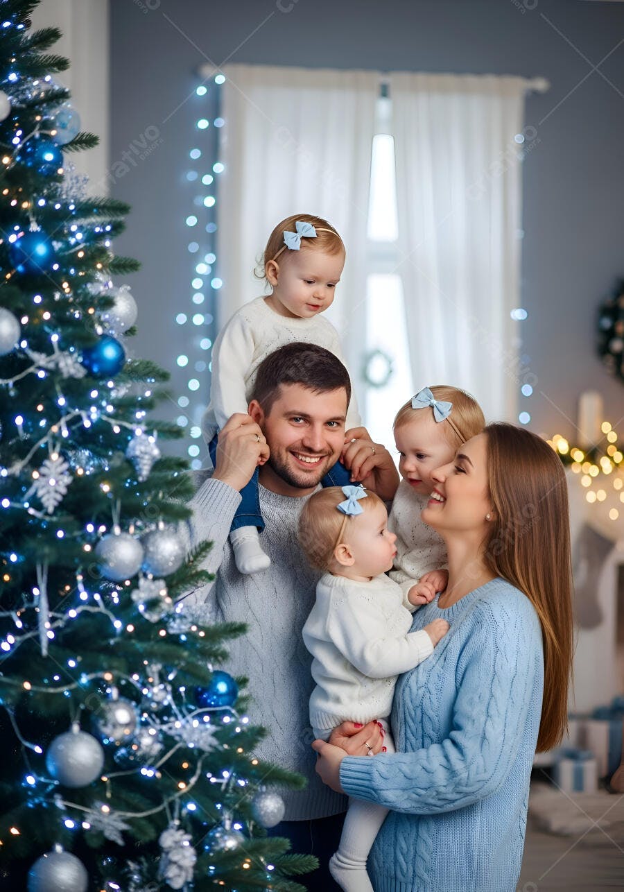 Família feliz com três bebês celebrando o Natal em casa com árvore azul e branca