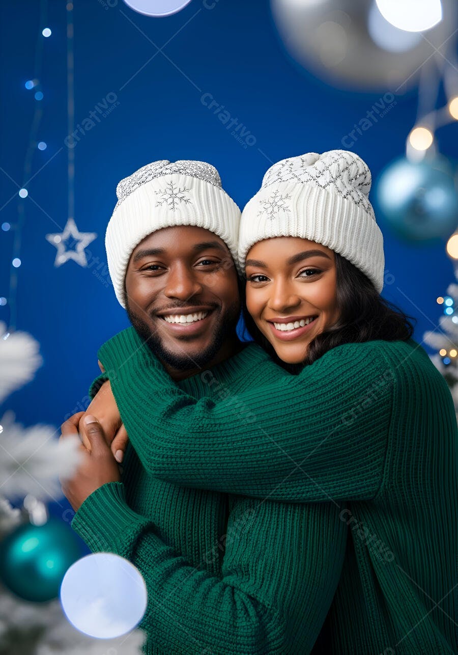 Casal afro-americano feliz com gorros brancos e suéteres verdes em celebração de inverno