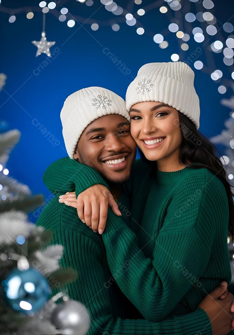 Casal jovem sorrindo abraçado com suéteres verdes e gorros brancos em cenário natalino de inverno