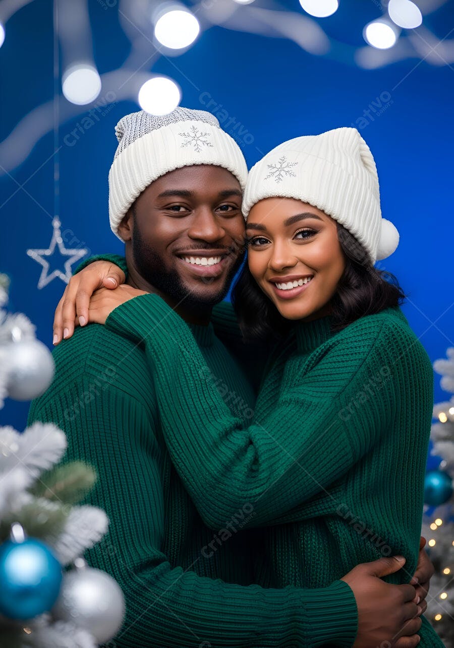 Casal negro feliz suéteres verdes gorros brancos celebração natalina