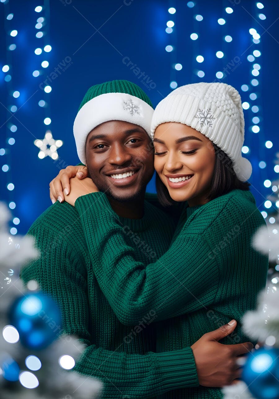 Casal negro sorrindo abraçado em suéteres de inverno com fundo natalino