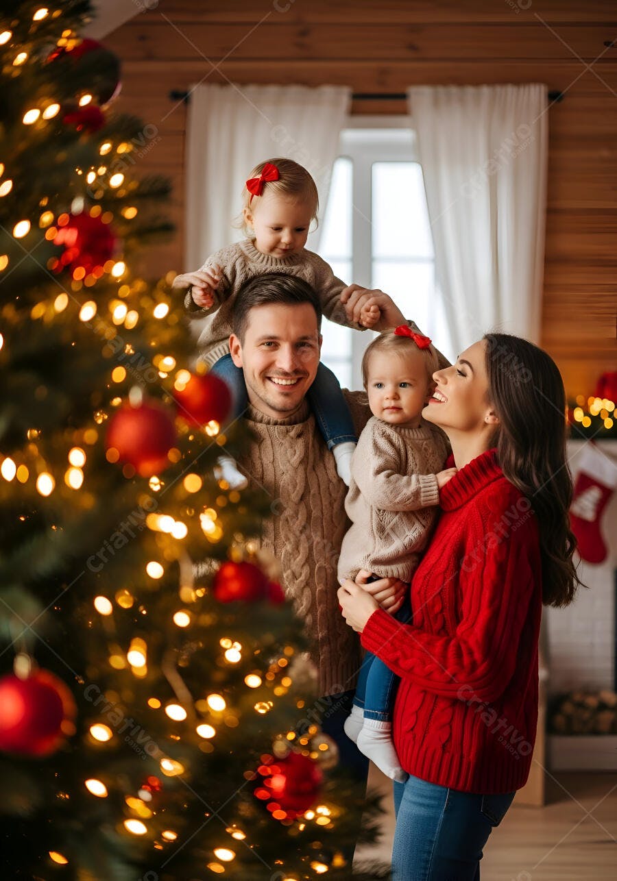 Família feliz com pais e duas filhas bebês no Natal em casa