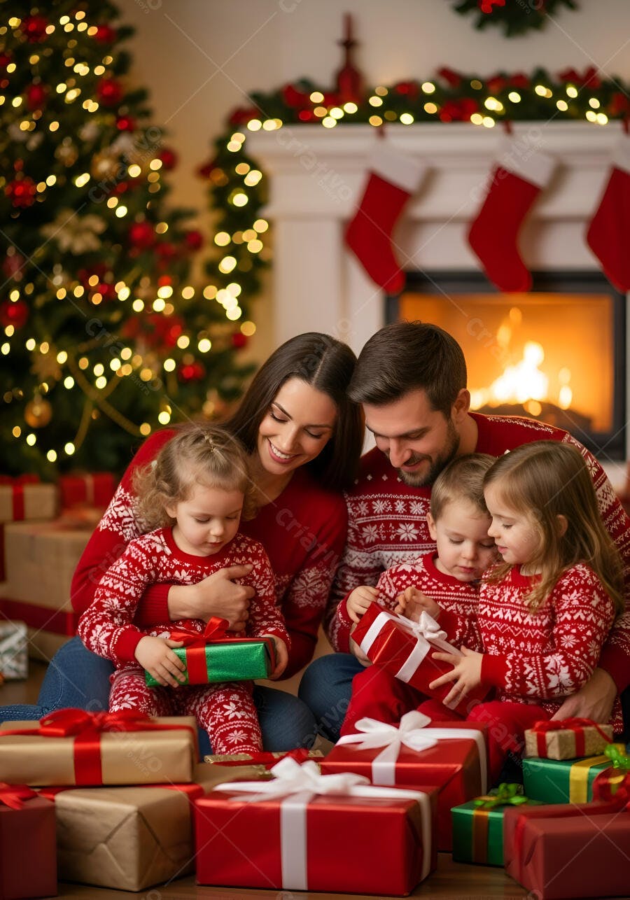 Família feliz caucasiana abrindo presentes de Natal na sala de estar aconchegante