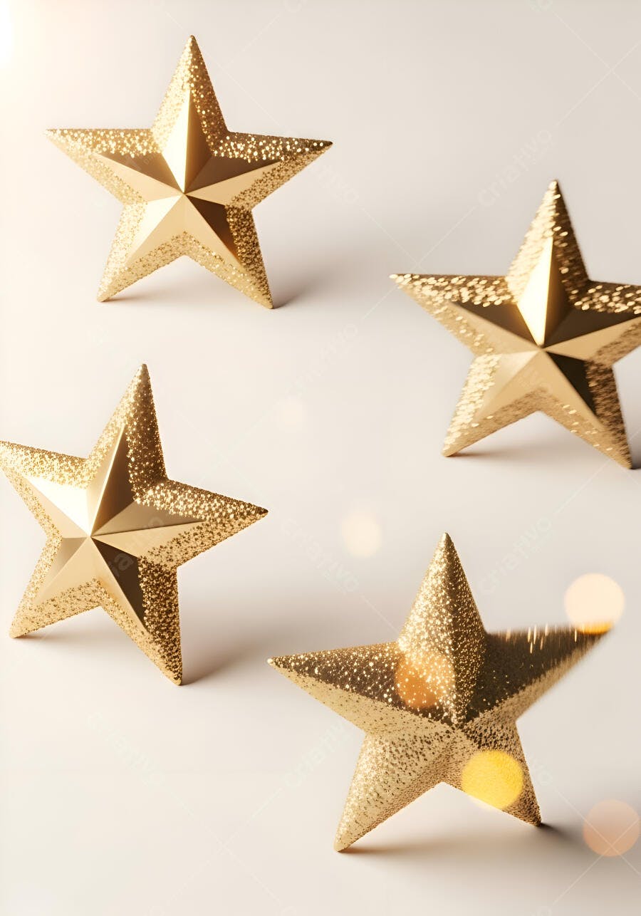 Quatro estrelas douradas brilhantes com glitter em fundo claro para festas