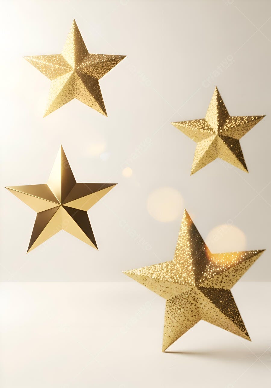 Quatro estrelas douradas com glitter e acabamento metálico em fundo branco