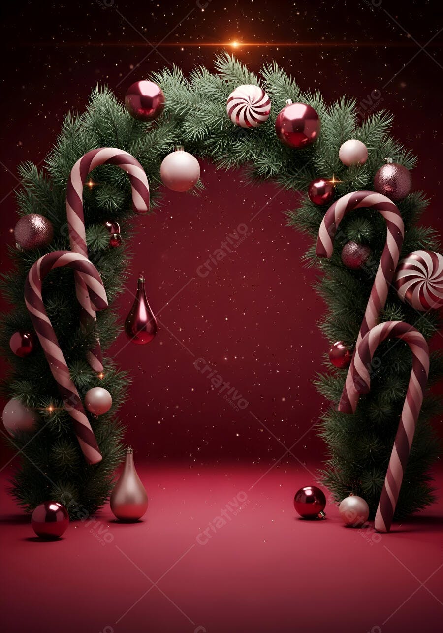 Arco de Natal decorado com bolas e bengalas doces em fundo vermelho festivo