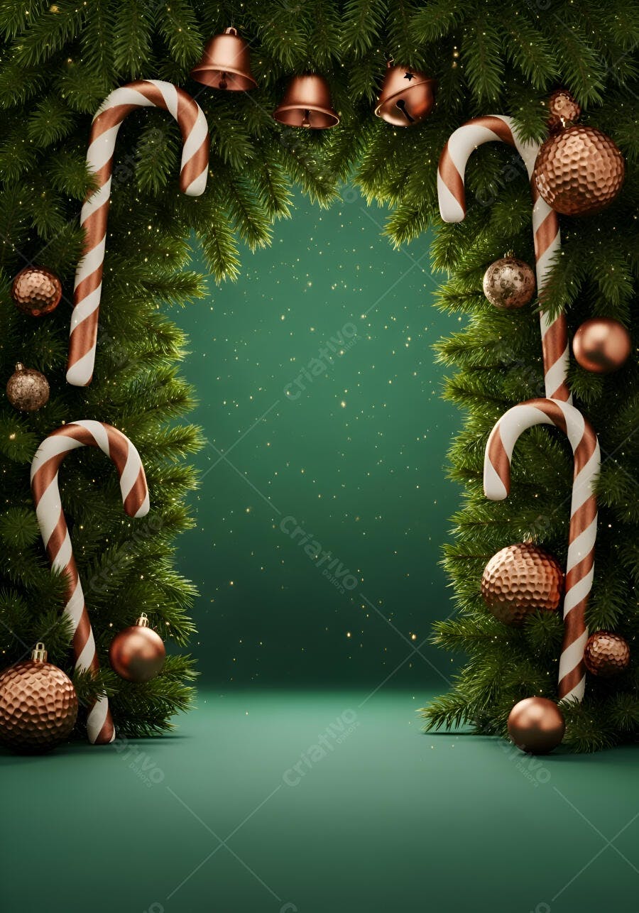 Decoração de Natal com galhos de pinho, bengalas doces e bolas bronze em fundo verde cintilante