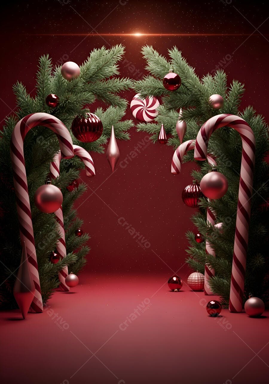 Decoração natalina com pinhas e bengalas doces sobre fundo vermelho brilhante