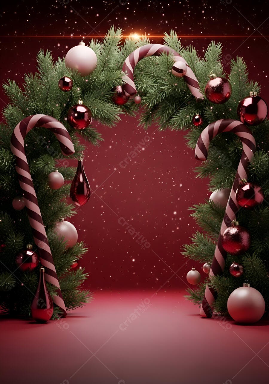 Decoração de Natal com galhos pinho e doces bengala fundo vermelho brilhante