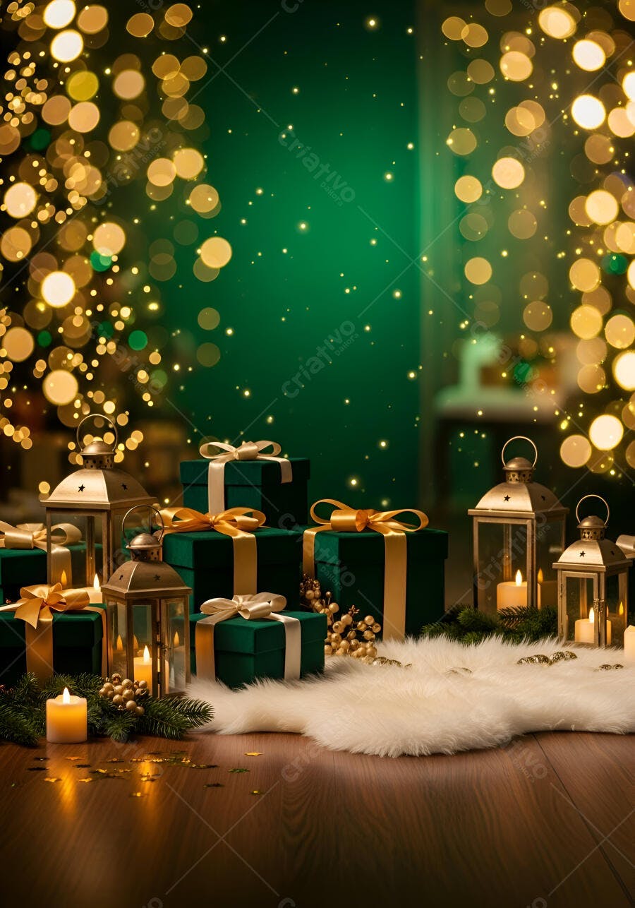 Presentes verdes com laços dourados e lanternas acesas Natal
