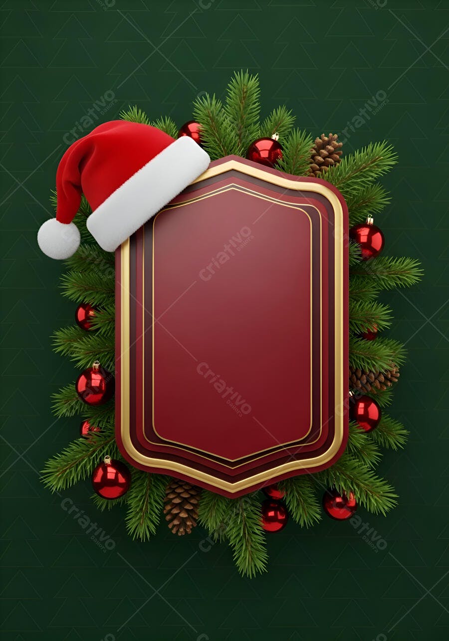 Moldura de Natal vermelha e dourada com gorro Papai Noel e pinhas em fundo verde