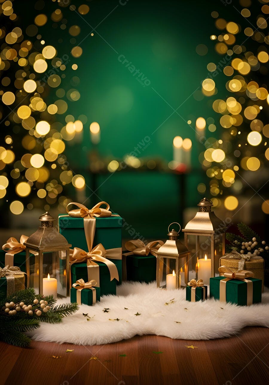 Presentes verdes dourados Natal com lanternas e velas em fundo bokeh