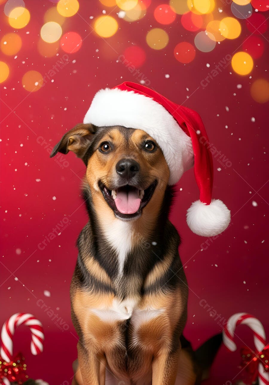 Cachorro feliz com gorro de Papai Noel em fundo vermelho natalino