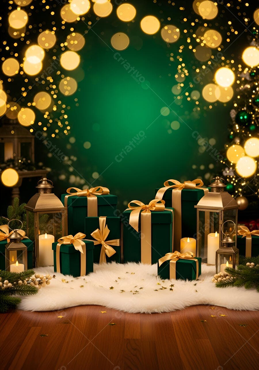 Presentes de Natal e velas acesas em fundo verde festivo