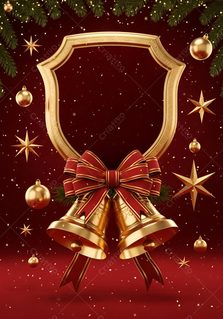 Sino dourado e laço vermelho em fundo natalino festivo