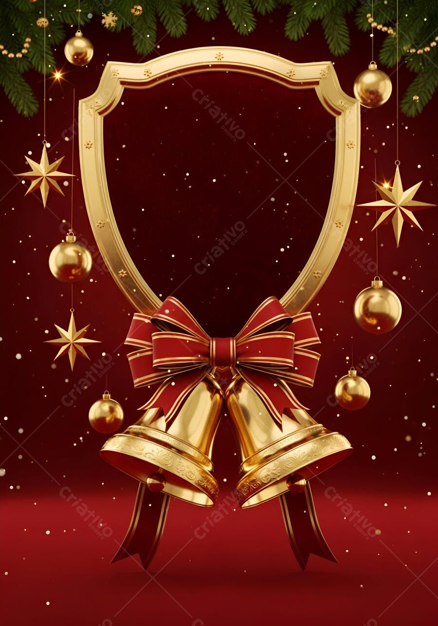 Quadro natalino dourado com sinos e laço vermelho brilhante