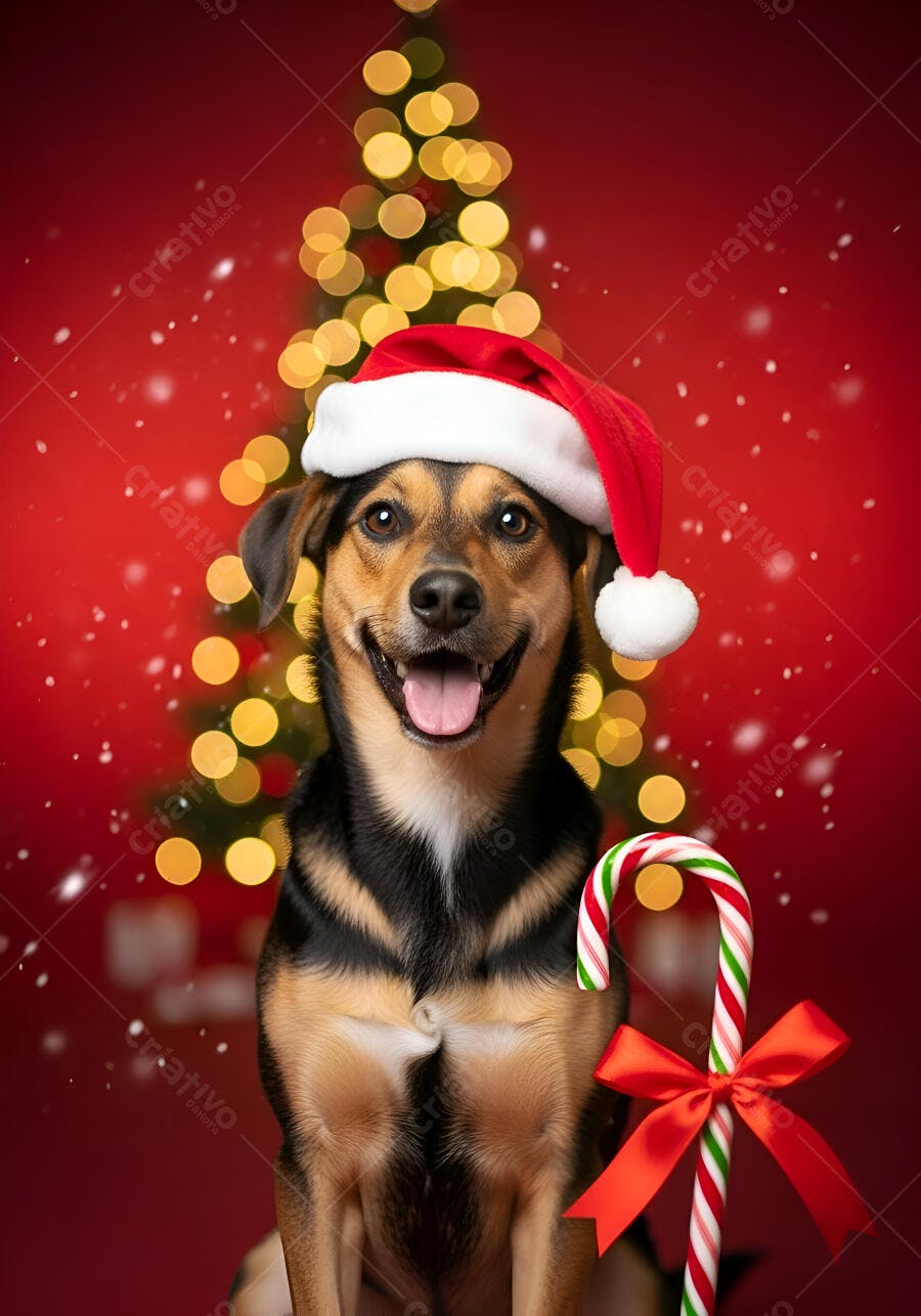 Cachorro feliz com chapéu de Papai Noel em fundo vermelho festivo com bengala doce