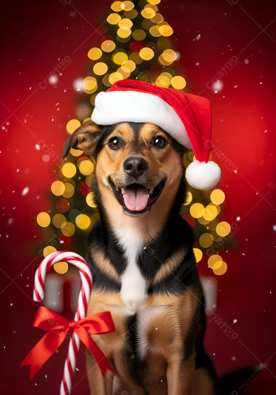 Cachorro tricolor alegre com gorro de Papai Noel e bengala doce no Natal