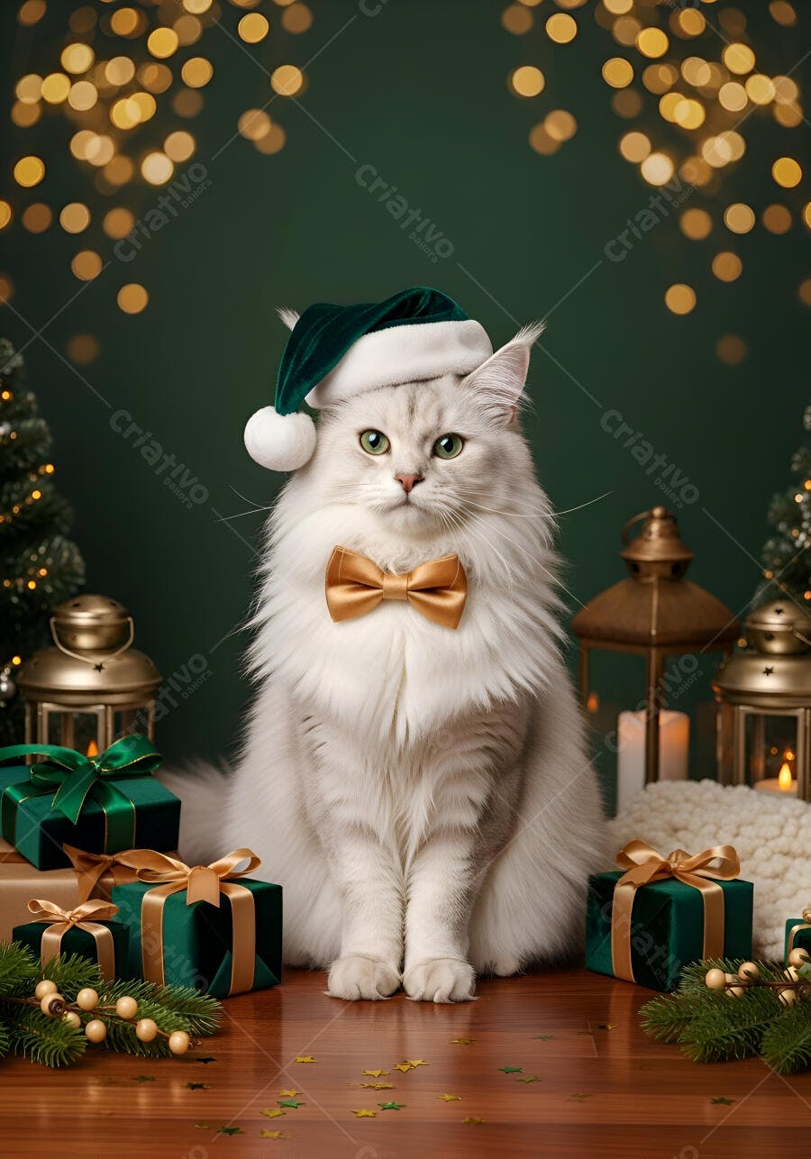 Gato branco prateado de olhos verdes com chapéu de Papai Noel e gravata dourada em cenário natalino