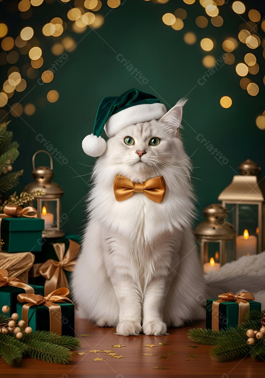 Gato branco usando chapéu de Papai Noel e laço dourado na decoração de Natal