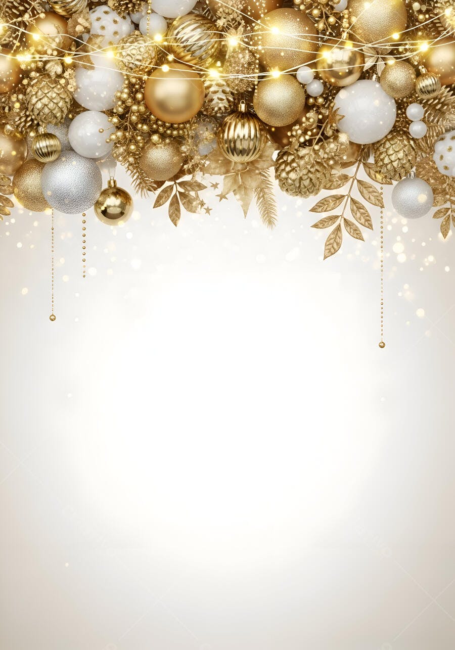 Decoração Natal com bolas douradas prateadas e luzes cintilantes em fundo claro