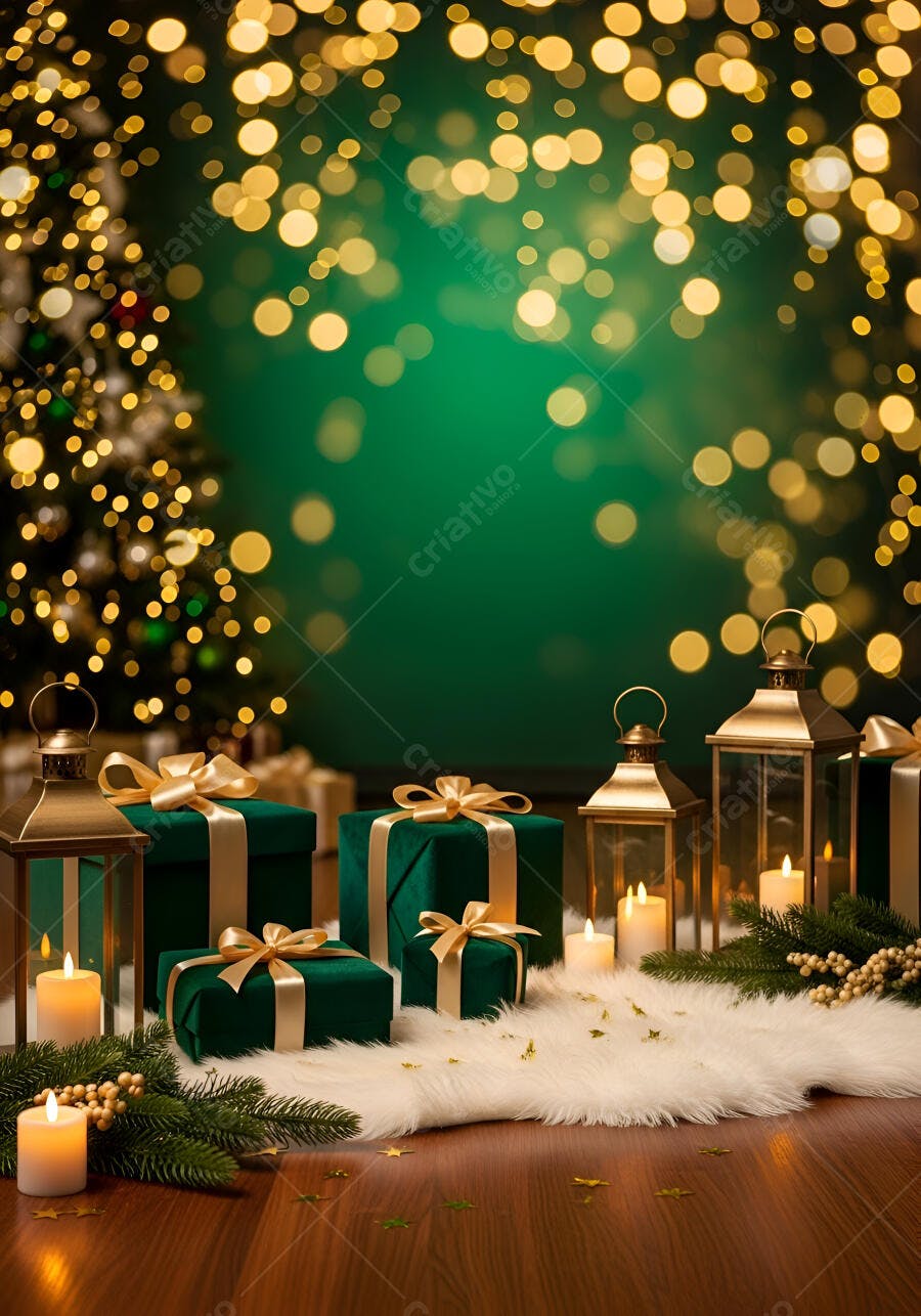 Decoração de Natal verde e dourada com presentes e velas