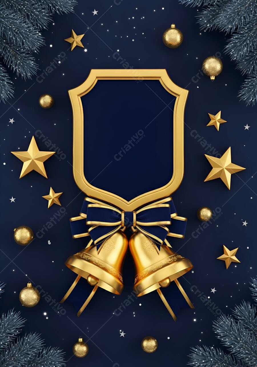 Moldura escudo dourada com sinos de Natal laço azul e estrelas fundo marinho