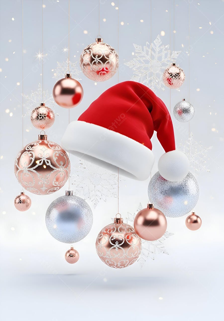 Chapéu de Papai Noel vermelho com enfeites de Natal rose gold e prata suspensos