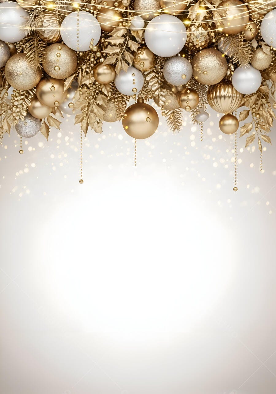 Decoração natalina dourada e branca festiva com luzes bokeh