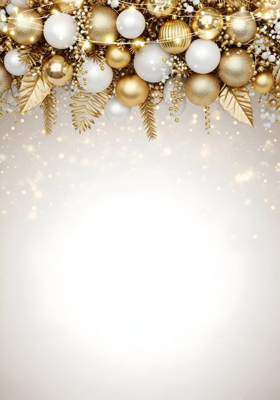 Decoração de Natal dourada e branca com luzes festivas fundo brilhante