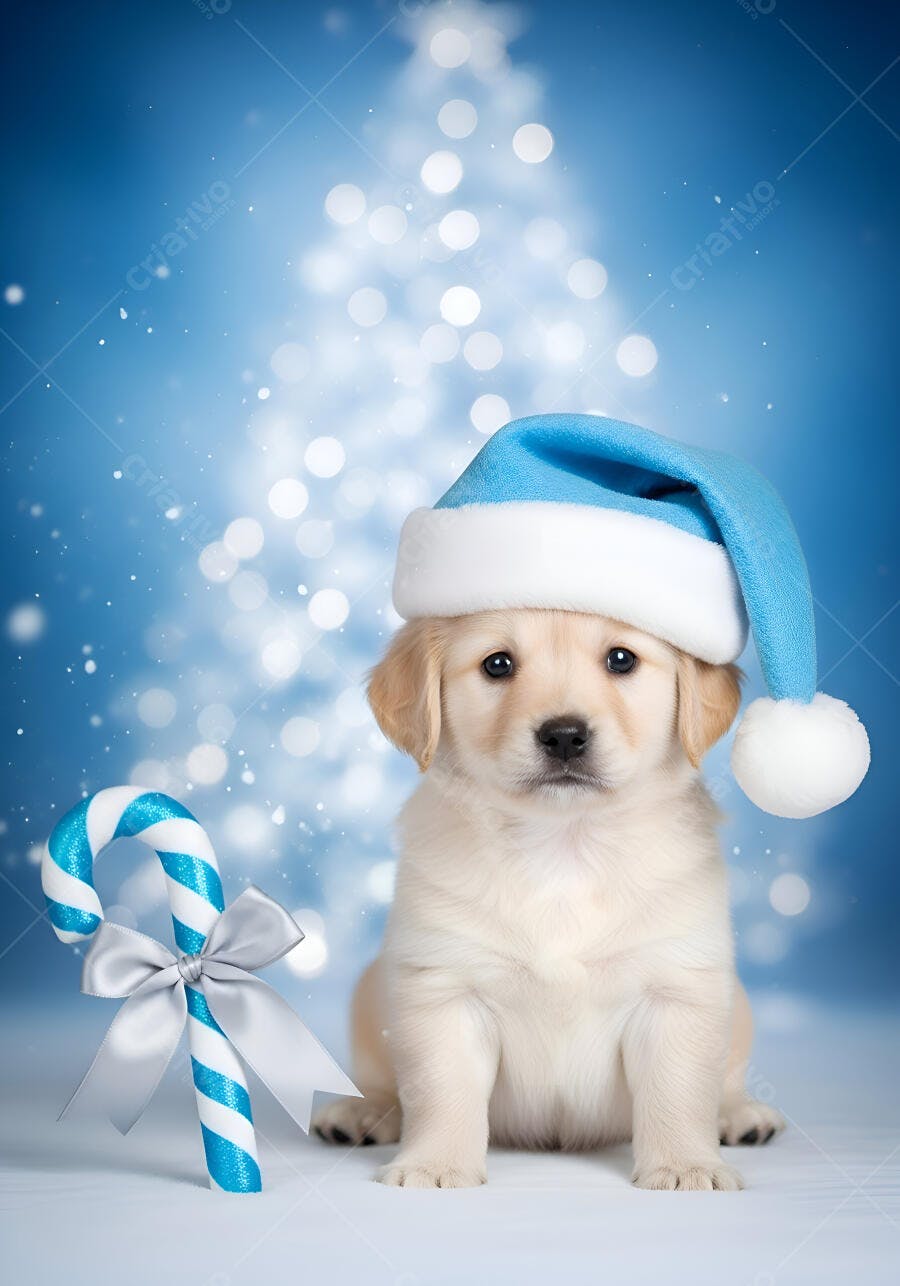 Filhote de Golden Retriever com chapéu de Papai Noel azul e bengala doce nevado festa