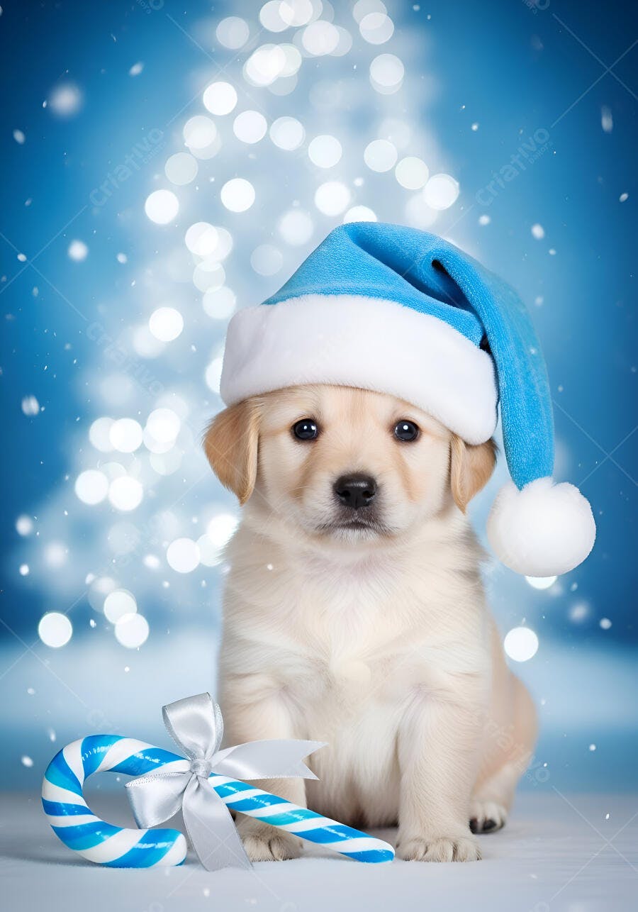 Filhote de golden retriever com gorro azul de Natal e bengala doce