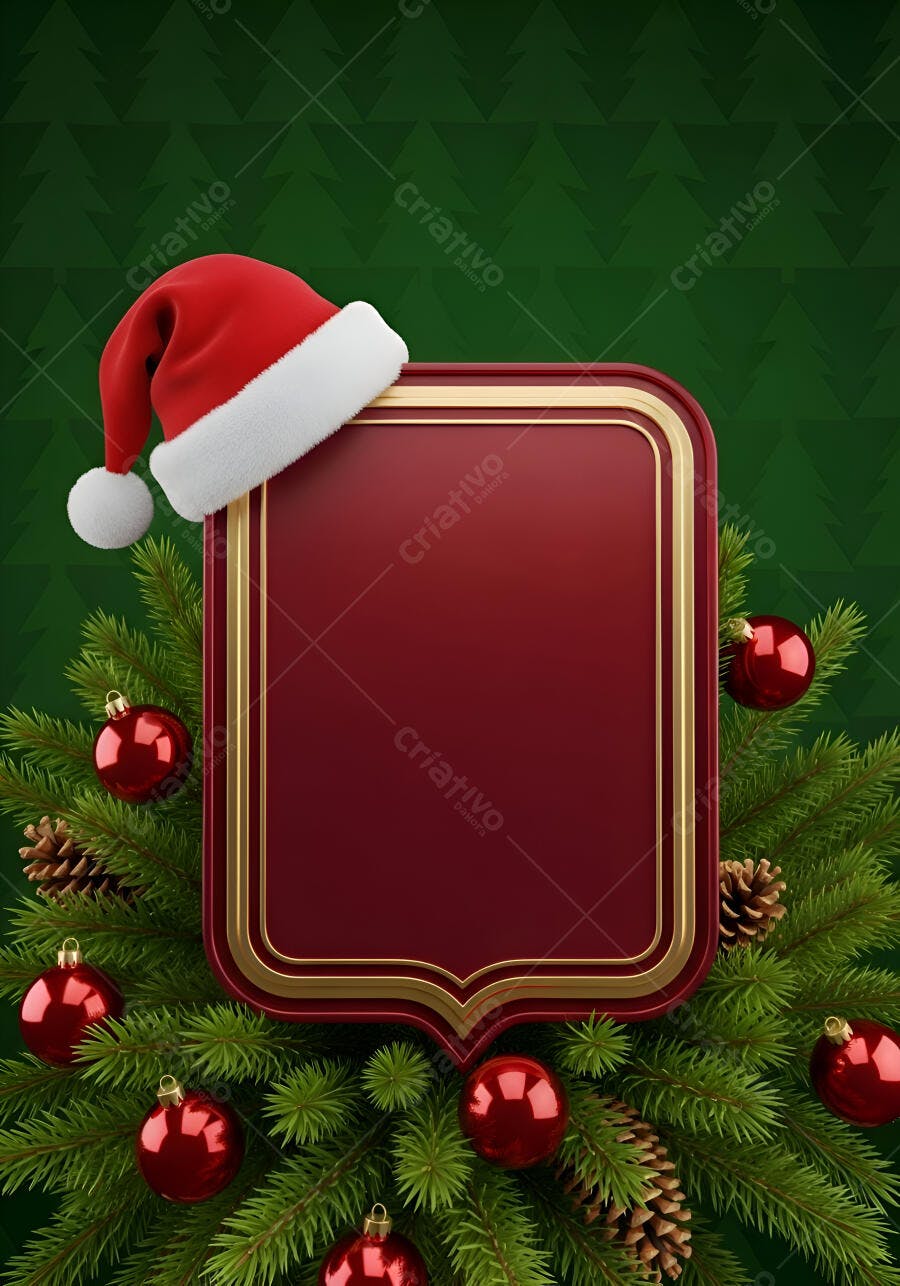 Moldura natalina vermelha e dourada com chapéu de Papai Noel e galhos de pinheiro festivos