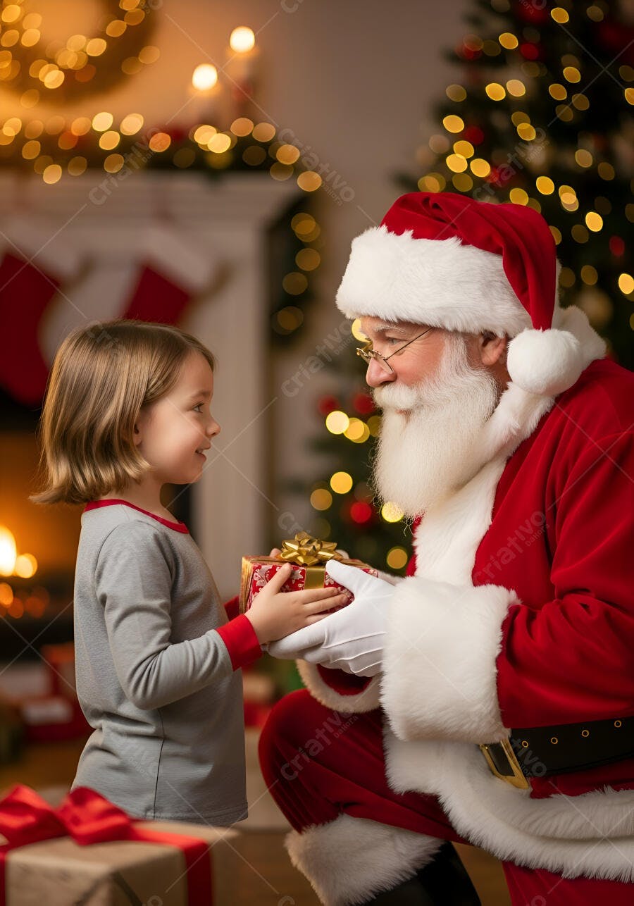 Menina caucasiana recebe presente do Papai Noel em sala de Natal decorada