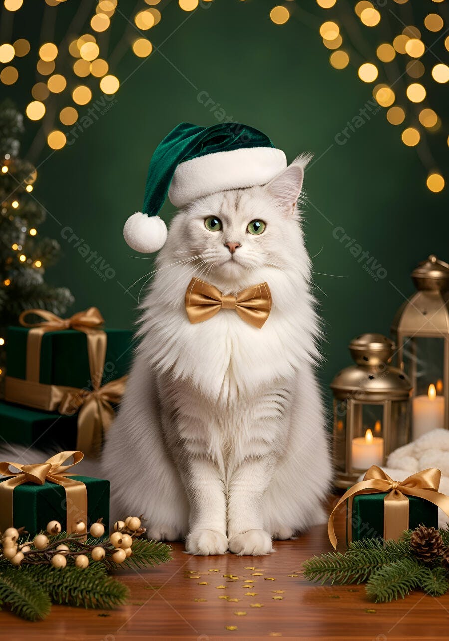 Gato branco elegante usando chapéu de Papai Noel e laço dourado em cenário natalino festivo