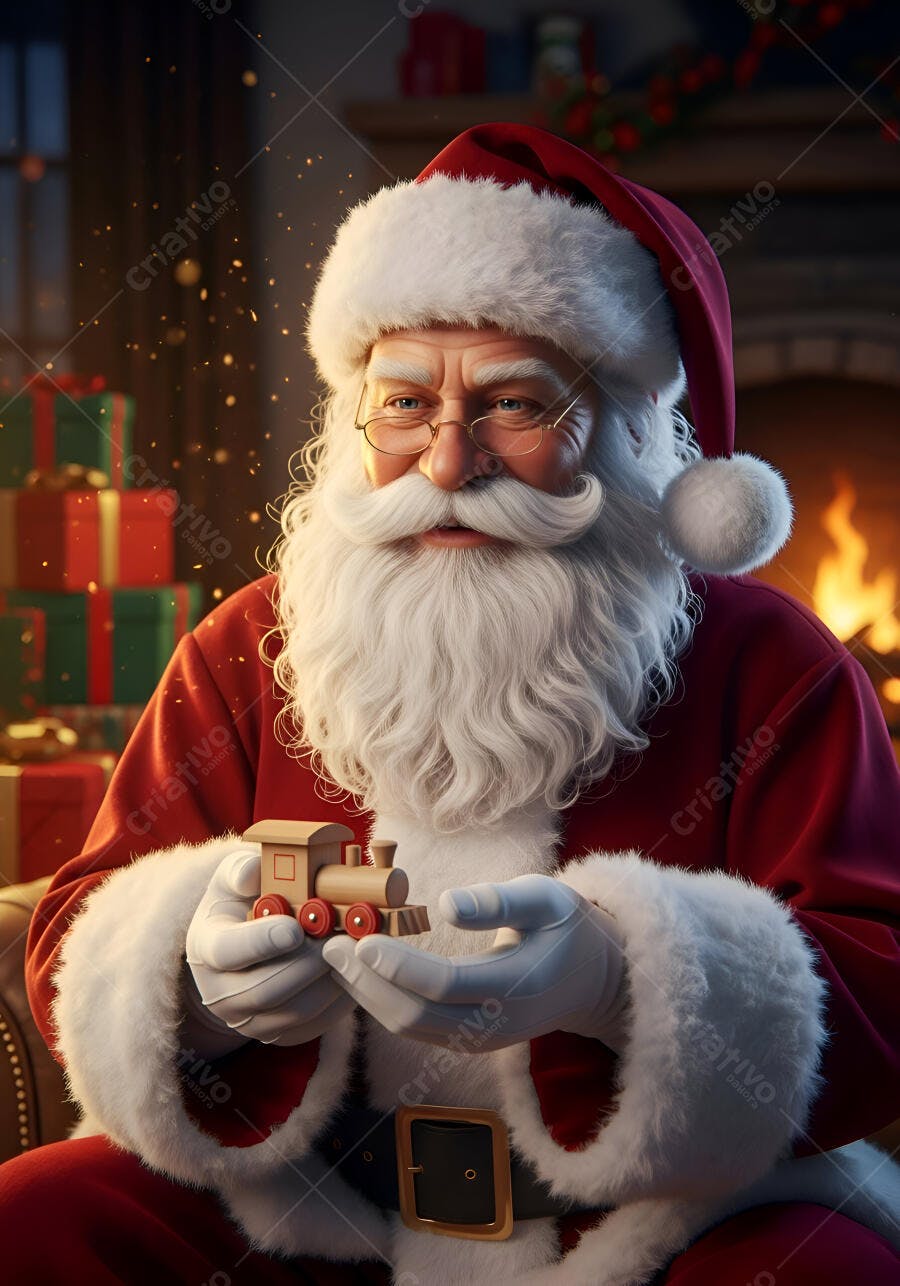 Papai Noel de óculos segurando um trem de madeira com presentes e lareira