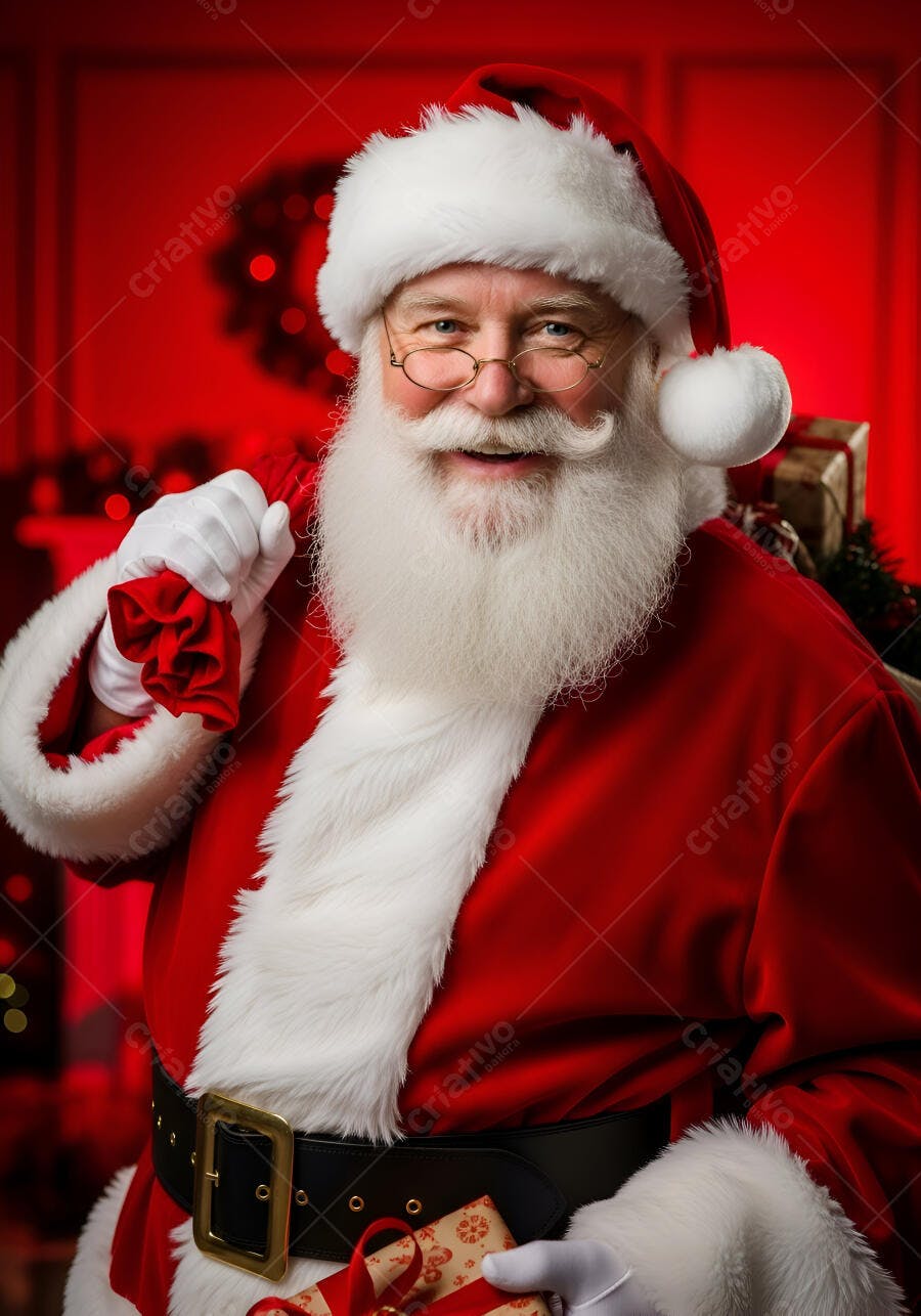 Papai Noel sorridente homem branco com barba e óculos segurando presentes em fundo vermelho natalino
